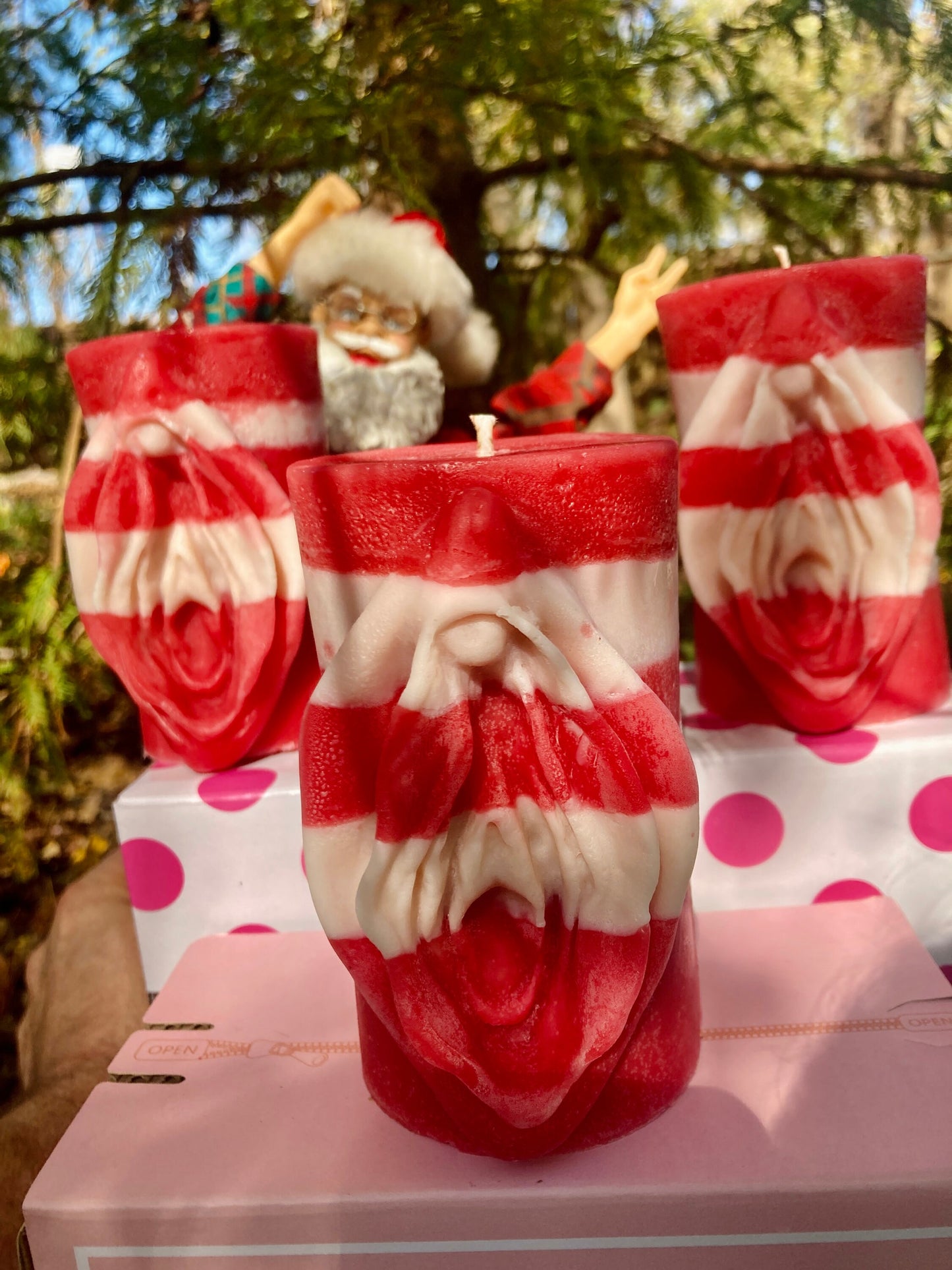 All The Jingle Ladies: A Candy Cane Yoni Vulva Pillar Candle Gift