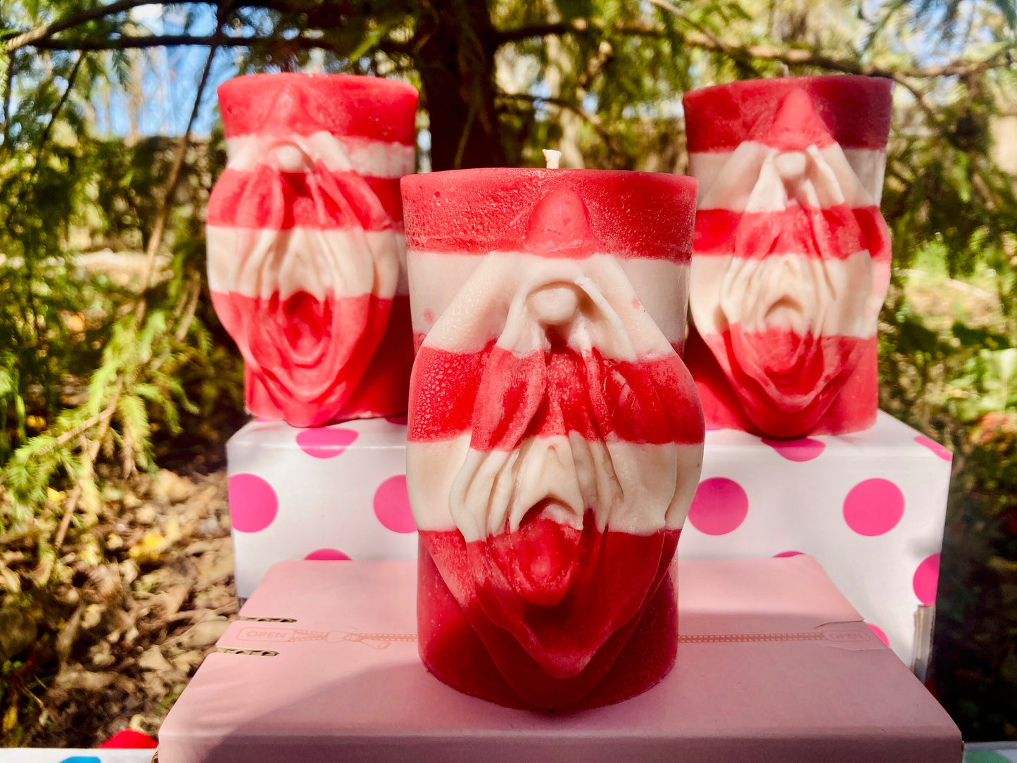 All The Jingle Ladies: A Candy Cane Yoni Vulva Pillar Candle Gift