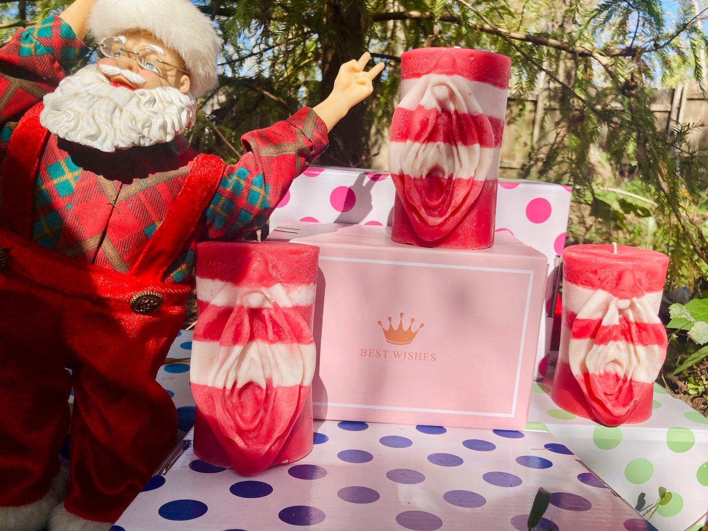 All The Jingle Ladies: A Candy Cane Yoni Vulva Pillar Candle Gift